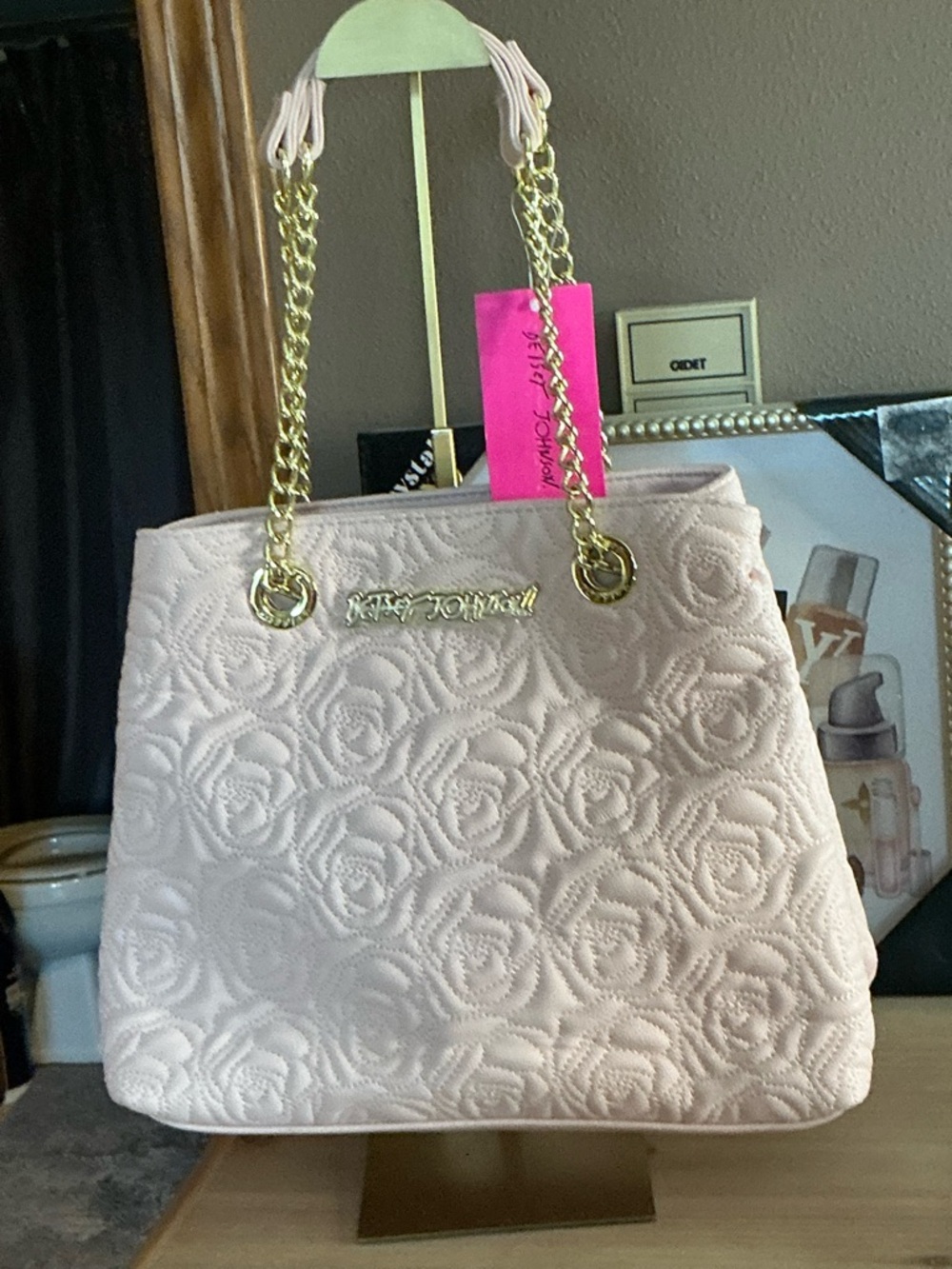 Betsey Johnson Blush Quilted Rose Embossed Shoulder Bag with Gold Chain - Picture 6 of 16